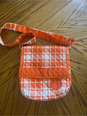 CLEMSON Orange Plaid Quilted Crossbody Bag with Paw Accent